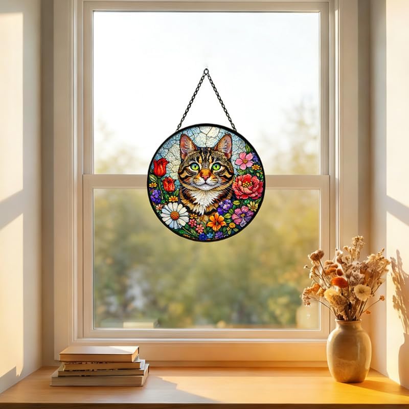 Stained Glass Window Hanging Suncatcher 11.8 in Tabby Cat Floral Colorful Glass Panel Sun Catcher for Window， Window Hanging Decor for Home， Housewarming Gift