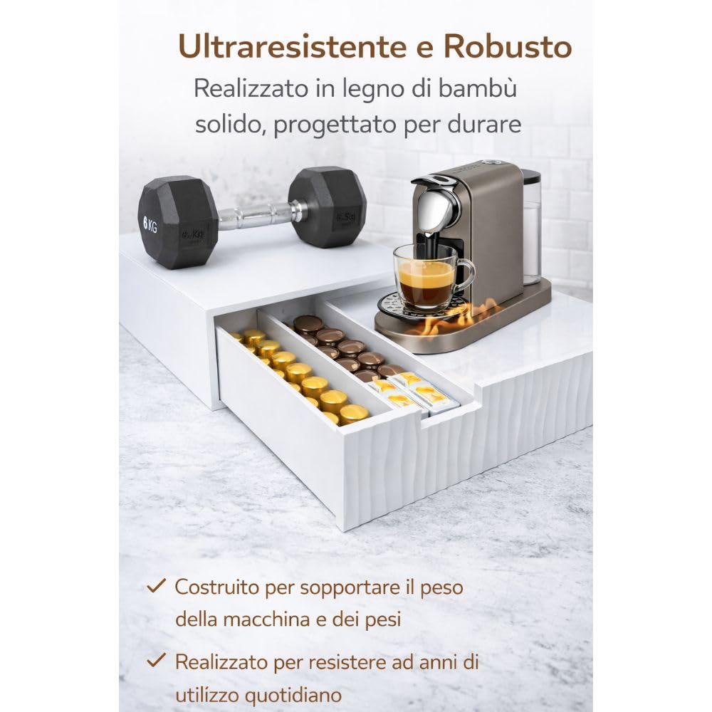 Porta Capsule e Cialde Caffè completamente in Legno Bambù Bianco 30x30x10 cm – Supporto Macchina Caffè Salvaspazio con 3 Scomparti