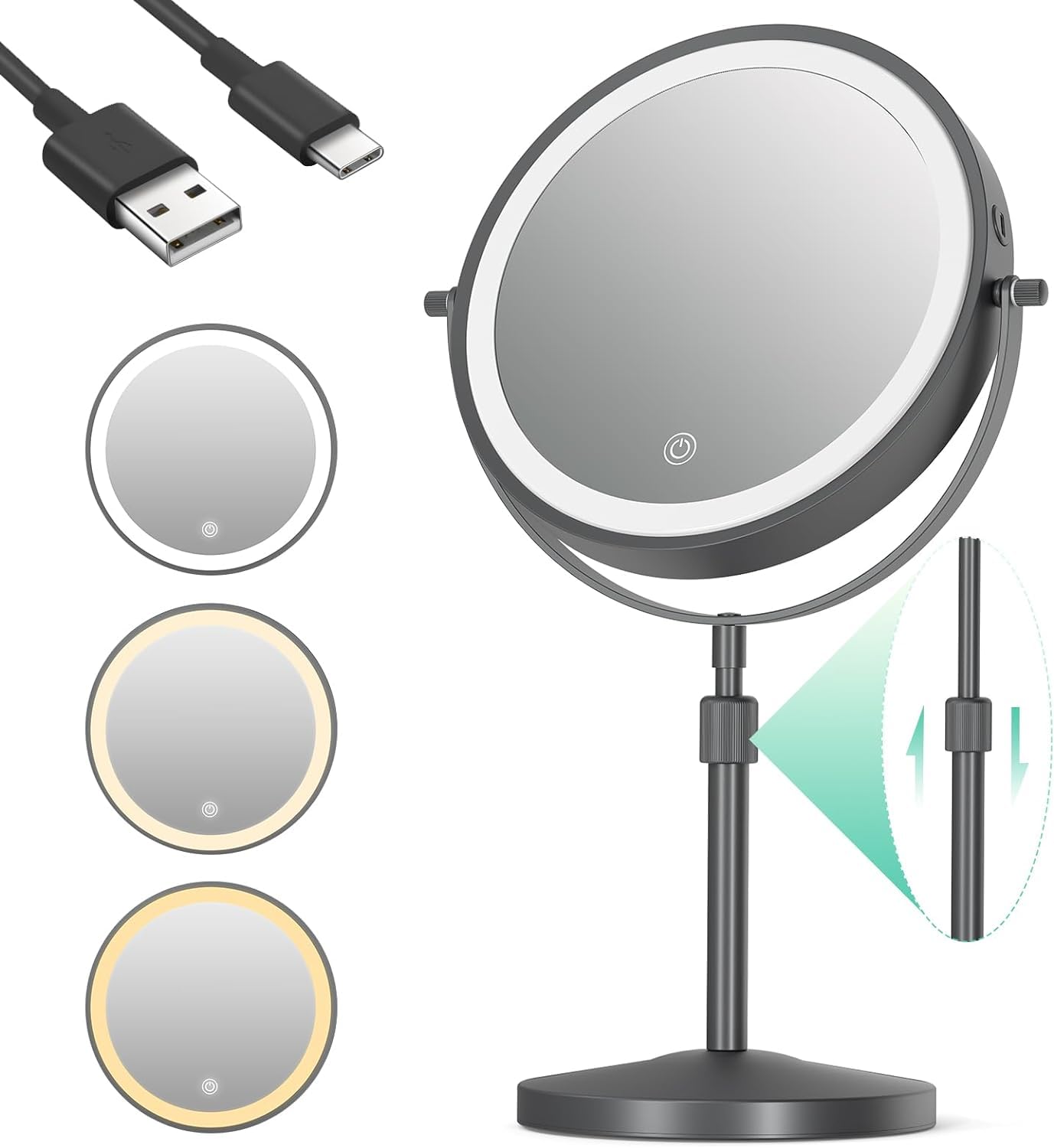 8 Inch Makeup Mirror with Lighting, 35-45 cm Height-Adjustable Cosmetic Mirror, 1X/10X Magnification, 3 Light Colours and 360° Swivel, Rechargeable Double Sided Magnifying Mirror (Black)
