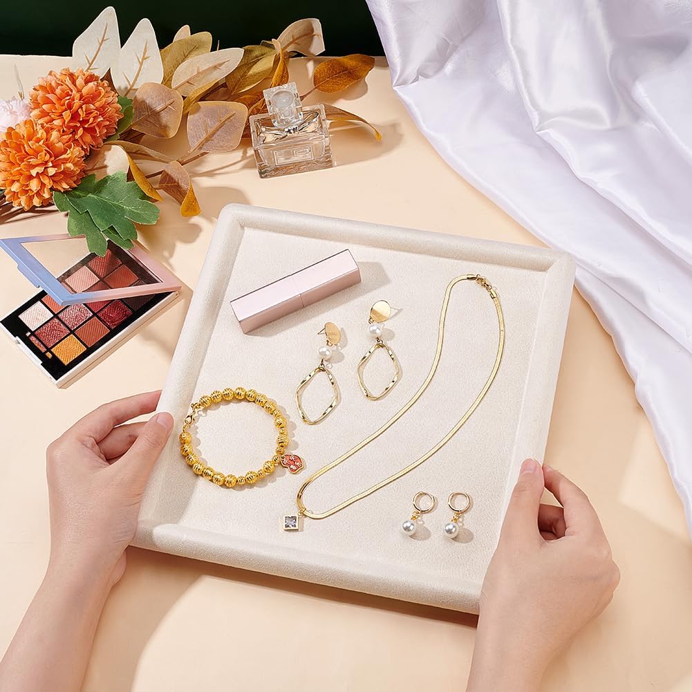 PH PandaHall Velvet Jewelry Tray, 9.8inch Square Jewelry Storage Tray Necklaces Bracelets Rings Showcase Nightstand Wood Organizer with Velvet Covered Jewelry Display for Selling Retail Shop, Beige