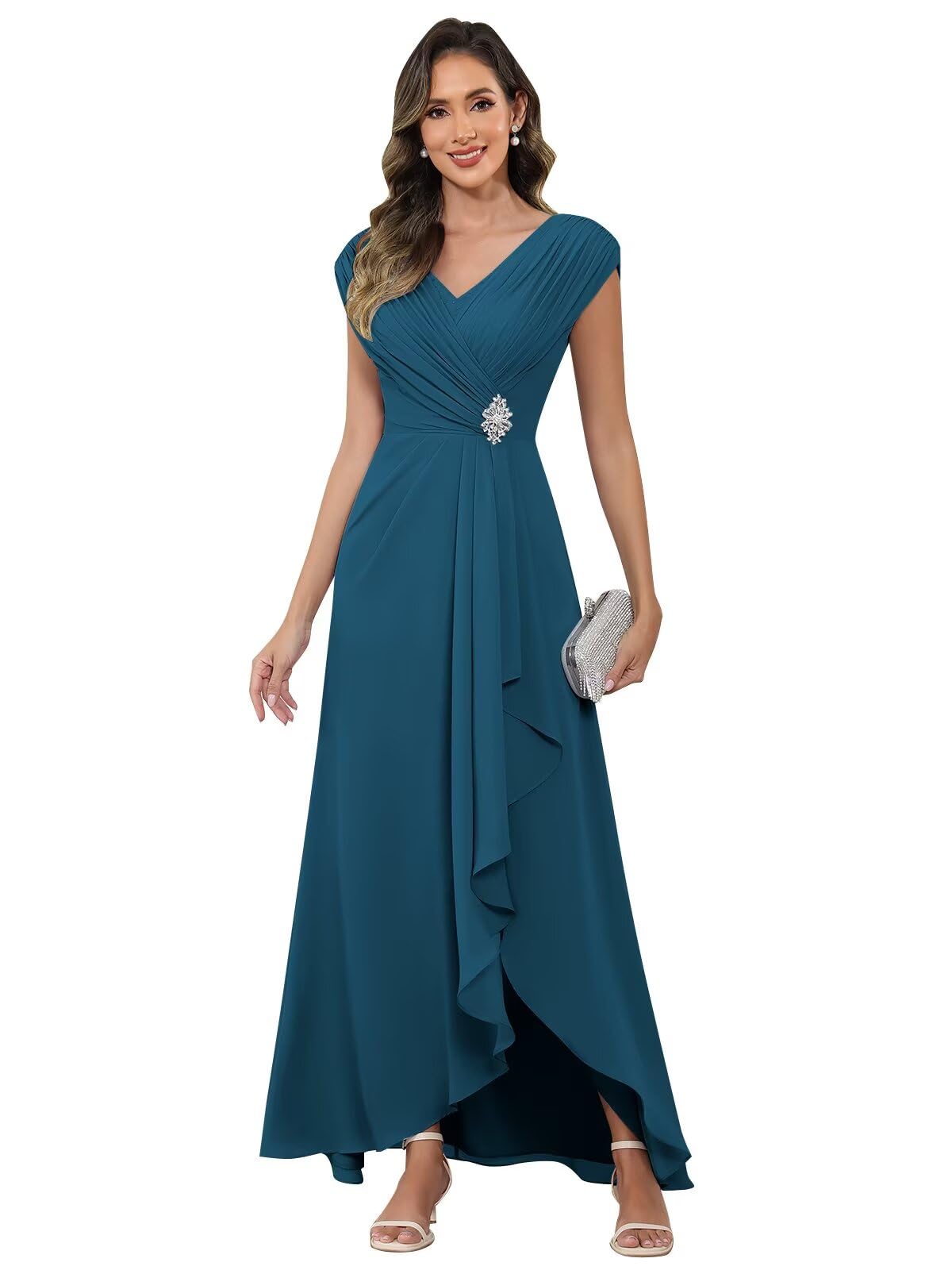Aootumi Cap Sleeve Mother of The Bride Dresses Chiffon V Neck Ruffles Beaded A Line Long Formal Wedding Guest Dress