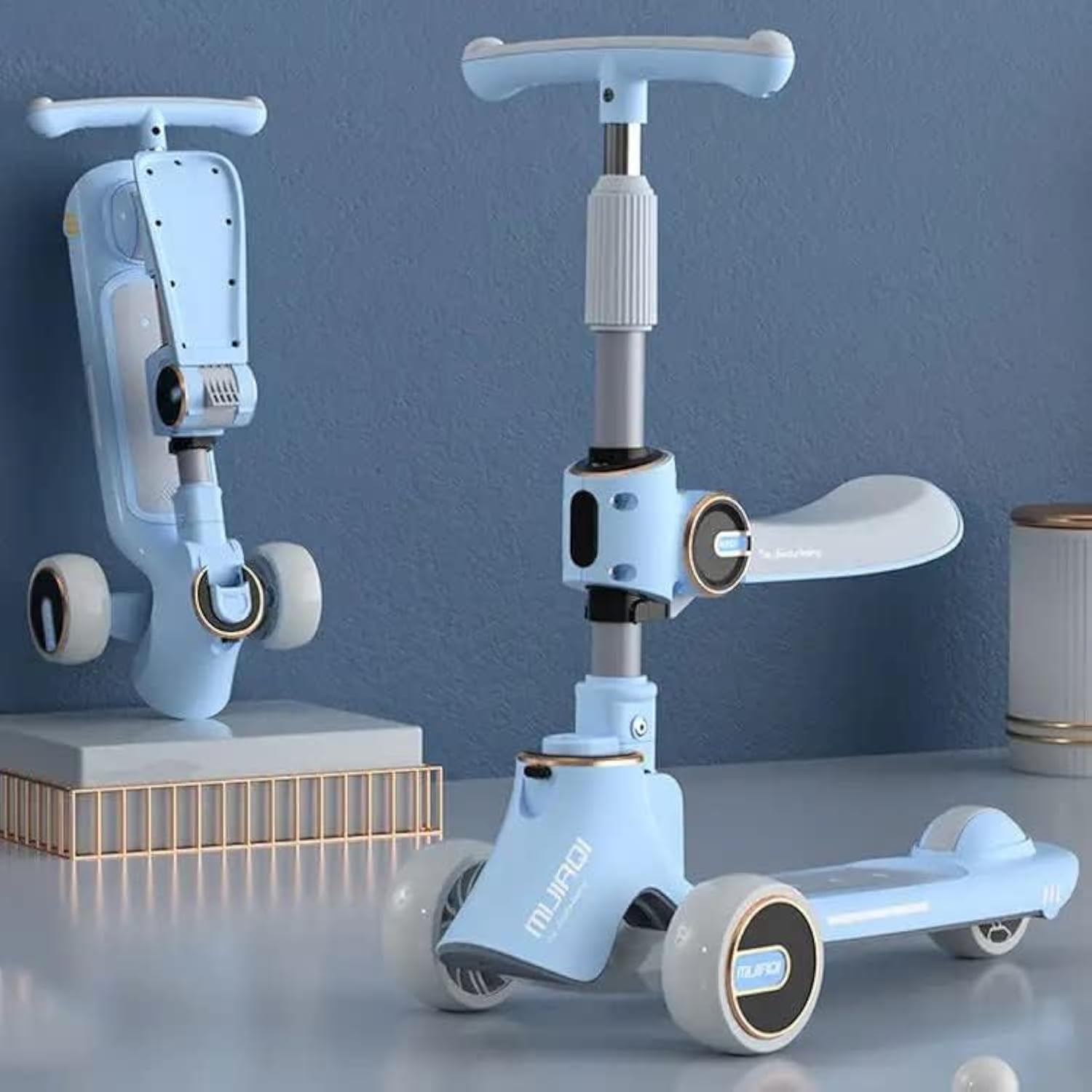 5in1 Scooter for Kids - Wheel LED Lights, Adjustable Lean-to-Steer Handlebar, and Foldable Seat - Sit or Stand Ride with Brake Ages 1-12 Years Old (Blue)