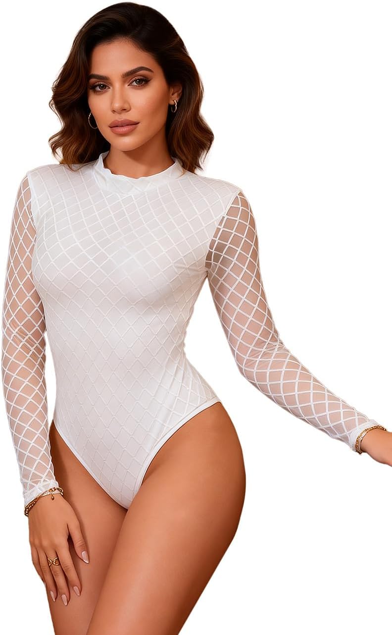 Womens Long Sleeve Bodysuit Mesh Turtle Neck Body Suits Tops One Piece Leotard Shirt Going Out Tops S-2XL