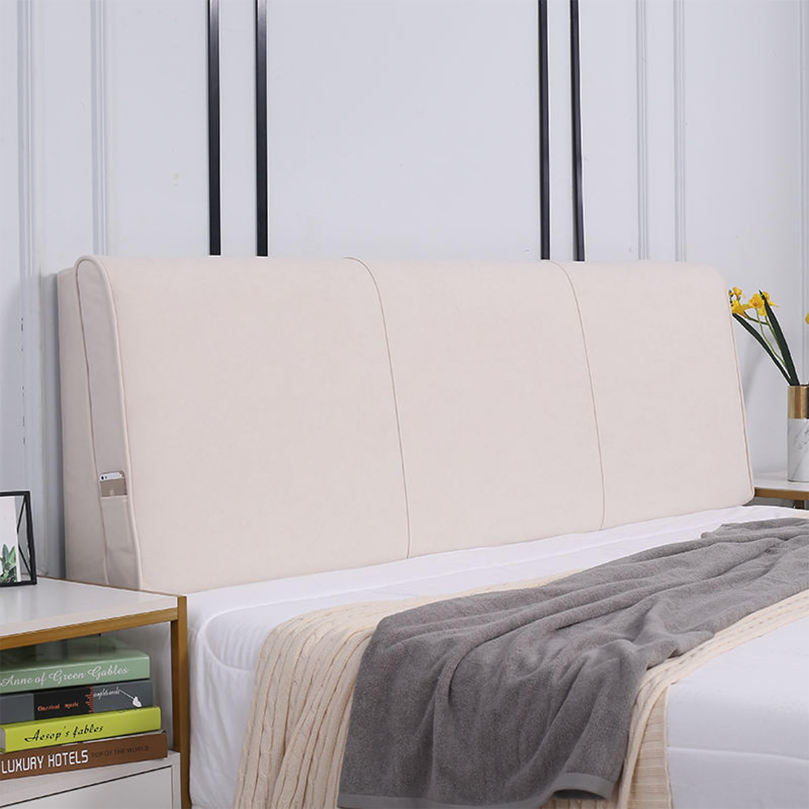 EDIEGO Bed Headboard Slipcover Covers with cotton and thick soft bag, European style backrest, simple leather wood bed dust cover protective cover Washable Thicken Elastic All-Inclusive (White,150cm)