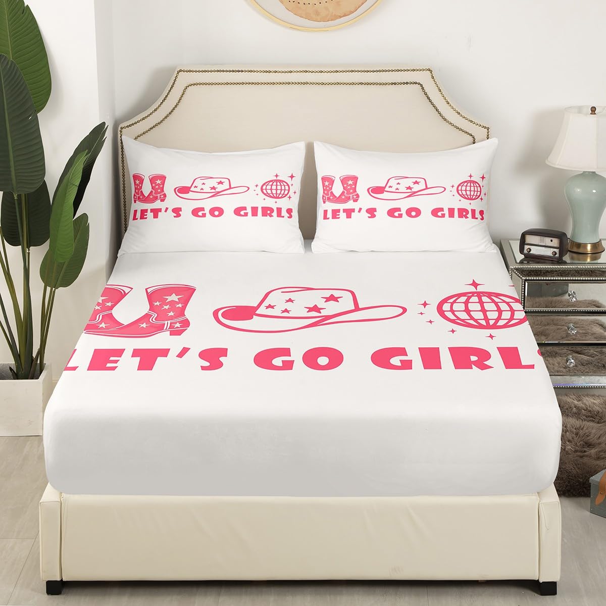 Cowgirl Western Fitted Sheet Queen Size Cowboy Hat Boot Bedding Set Pink and White Sheet Set,Disco Party Bed Cover Ultra Soft Breathable Bedding 3 Pcs for Kids Teens Boys