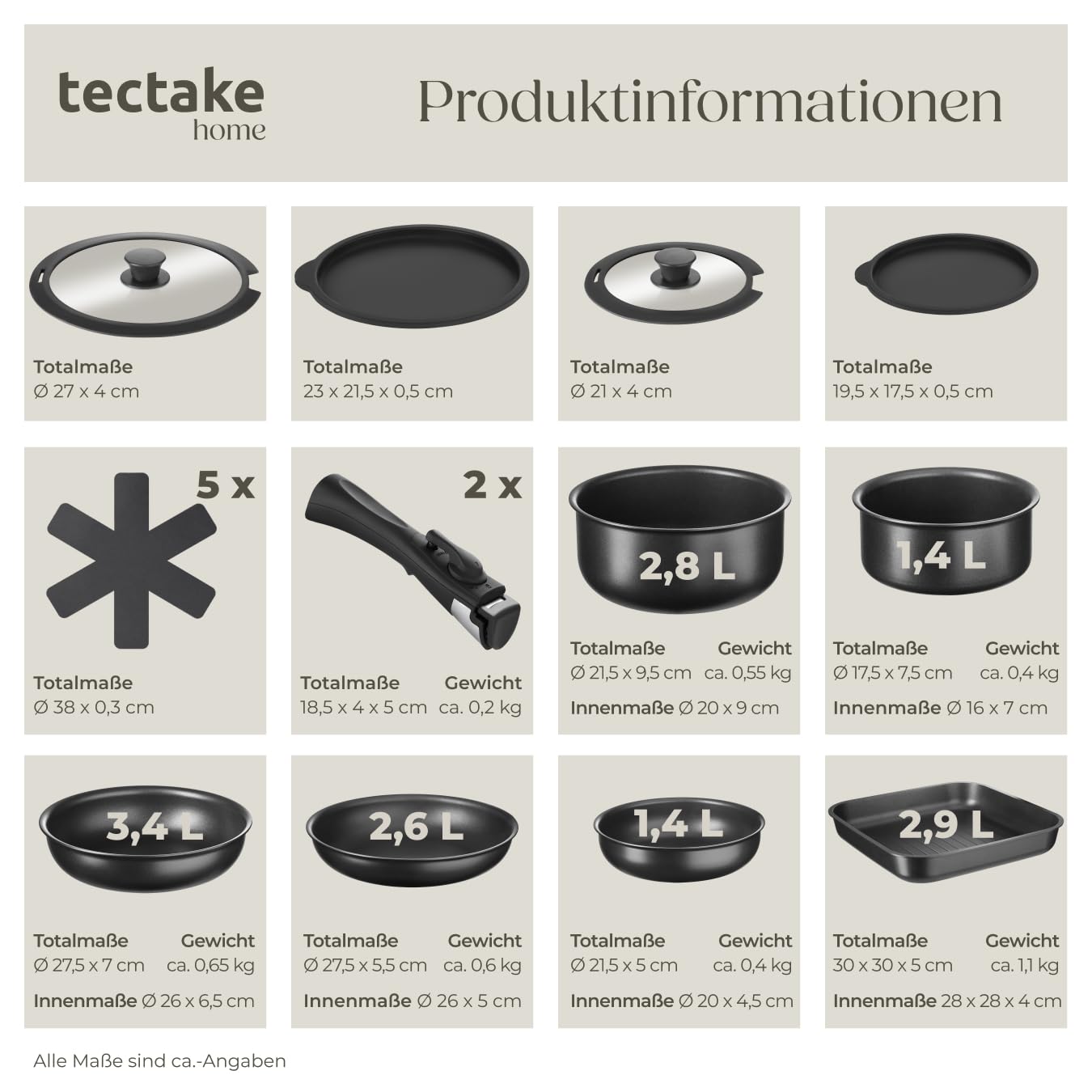 tectake® 17-teiliges Kochtopf Set, antihaftbeschichtets Topfset Induktion, Töpfe + Pfannen Set, 2x Topf + 3x Bratpfanne inkl. Glasdeckeln mit Dampfabzug, 2 Silikonabdeckungen, Induktions Töpfe Set,