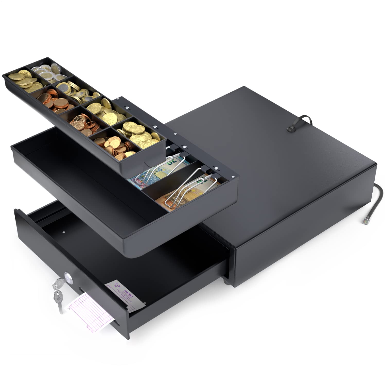 ACROPAQ Caja registradora - Apertura eléctrica con conexión RJ11, 33 x 33 cm, Con caja monedas, Encajable bajo cantador - Cajon caja registradora, Caja registradora negocio - Negro