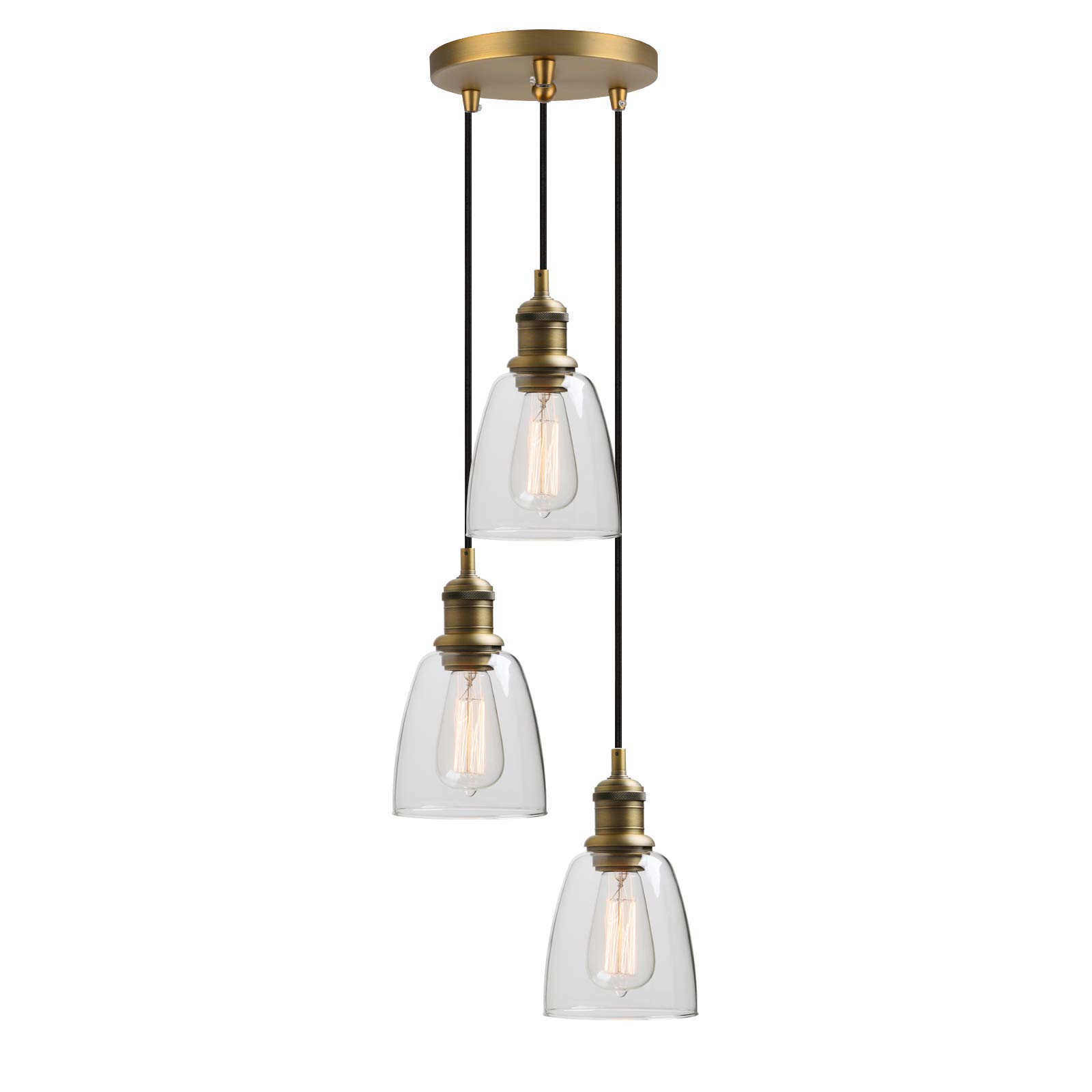 Yosoan Lighting Industrial Vintage Chandelier Loft Bar 3 Way Pendant Light Fittings Glass Shade, Hanging Ceiling 3 Lights Fixture Chandelier for Kitchen Dining Room Living Room Restaurant (Antique)