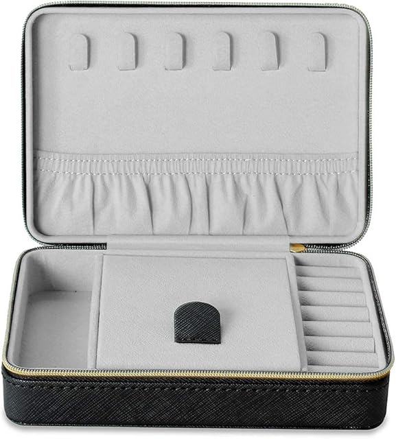 KILHS Travel Small portable Jewellery Box for earring ring necklace cufflink lipstick holder,personalised leather stoage jewellery gift case boxes with mirror for kids women men teenage girls black