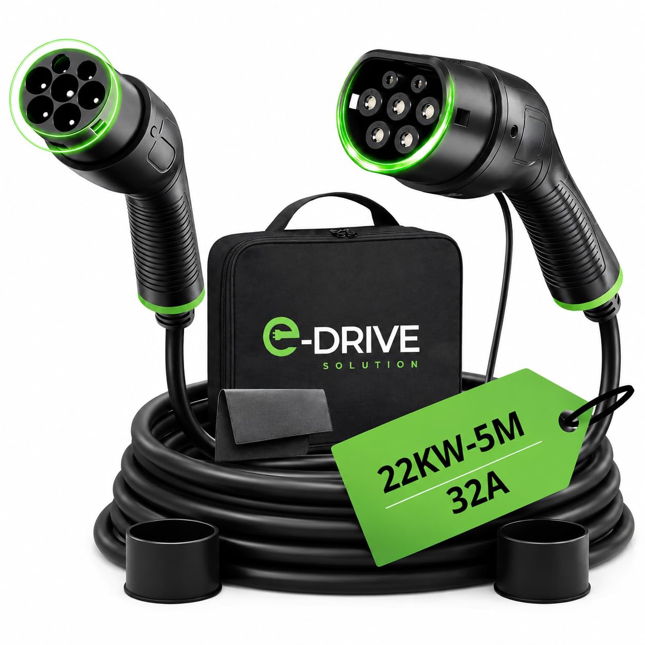Câble Recharge & Chargeur Voiture Électrique Type 2 Hybride 7-11-22 KW 32A 5M, IP65 TÜV CE, Tesla Model 3/Y, Renault Zoé, Peugeot e-208 - Marque Française