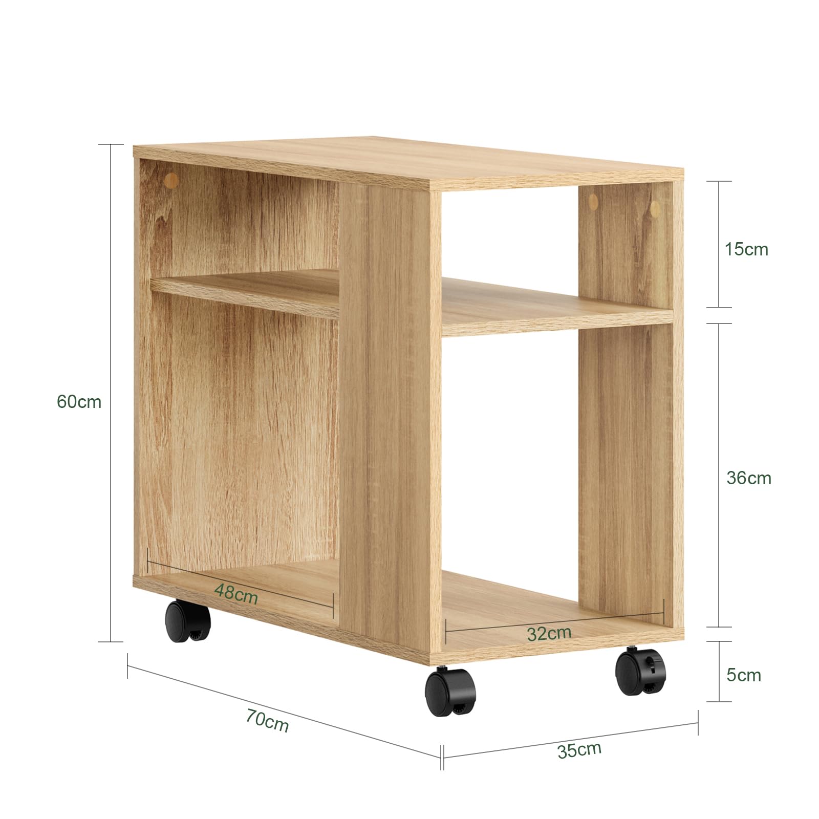 SoBuy Tavolino con rotelle, Tavolino rotante a 2 livelli con ripiani, Libreria mobile per soggiorno, camera, ufficio, L70 x P35 x H60cm Naturale FBT34-N