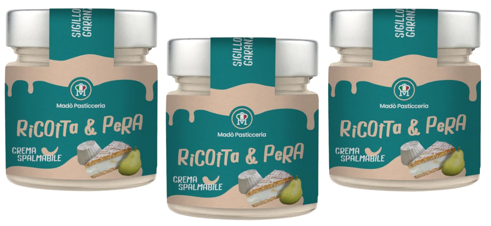 3er-Pack MADÒ PASTICCERIA Crema Spalmabile Ricotta e Pera Handwerkliche Streichfähige Creme mit Ricotta-Käse und Birne Geschmack,200g Glas