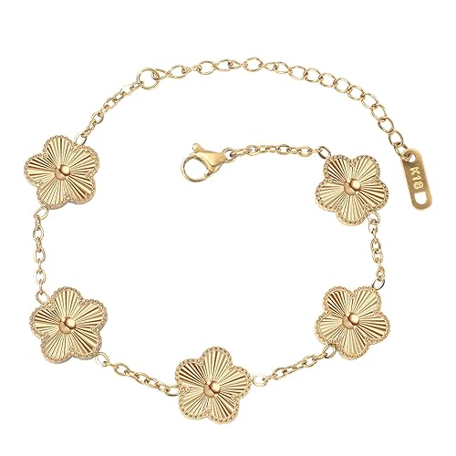 KINFERTE 18K Gold Plated Double Sided Clover Bracelet for Women - Lucky Flower Link Bracelets Trendy Jewelry Gifts for Women,Wife, Girlfriend, Mom, Sister, Bestie, Grandma - Gold