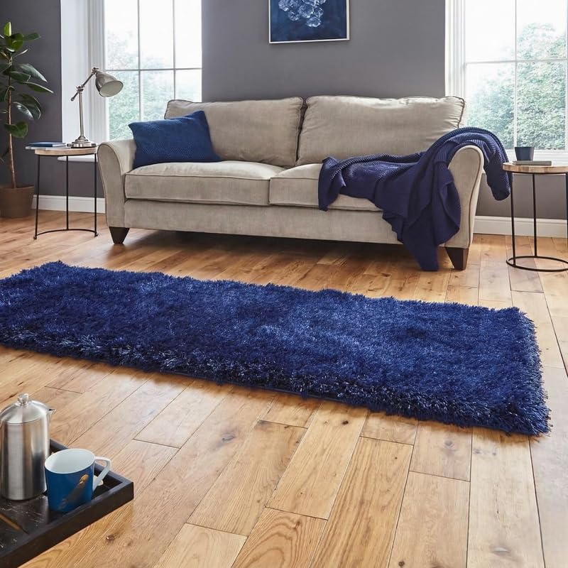 Image of Non Slip Shaggy Fluffy Fur Bedside Runner Carpet, Rug for Living Room, Floor Mat, Bedroom, Children Room (Navy Blue, 2X5, Microfiber)