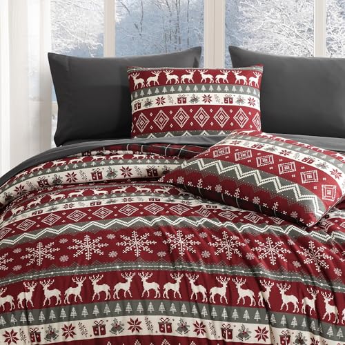 Image of MaiReve Christmas Queen Comforter Set, Red Reindeer Snowflake Bed Set for Holiday, Reversible Plaid Checkered Comforter Bed in a Bag, Soft Bedding Set 7 Pieces with Sheets, Pillowcases & Shams