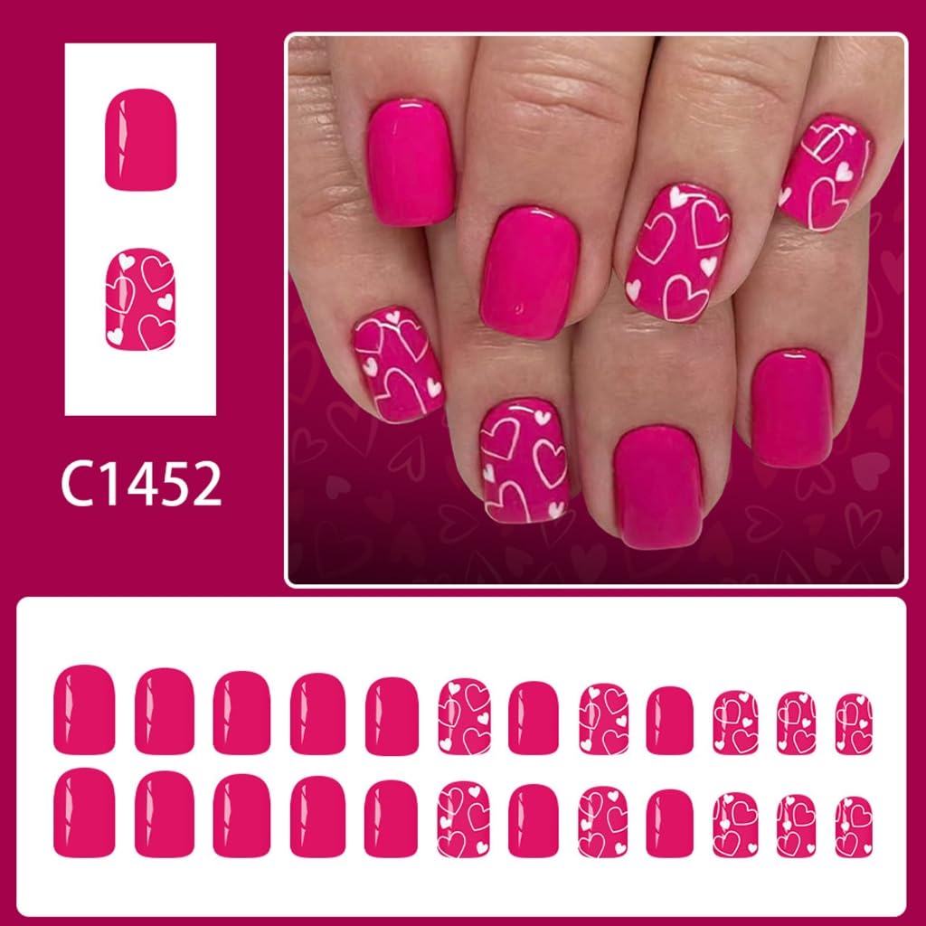 Valentine Heart Design 24PCS Short Square Fake Nails Glossy Finish for Party Wedding Manicure