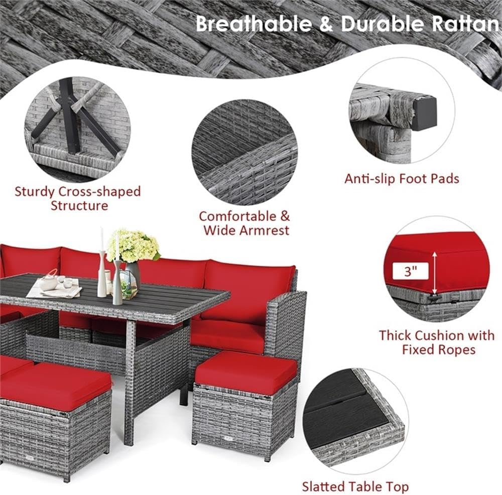 Pemberly Row 7-Piece Outdoor Patio Dining Set, PE Rattan Sectional Sofa Couch with Ottoman and Coffee Table, Steel Frame, Red Cushions, All-Weather Design, Garden, Lawn, or Patio Furniture