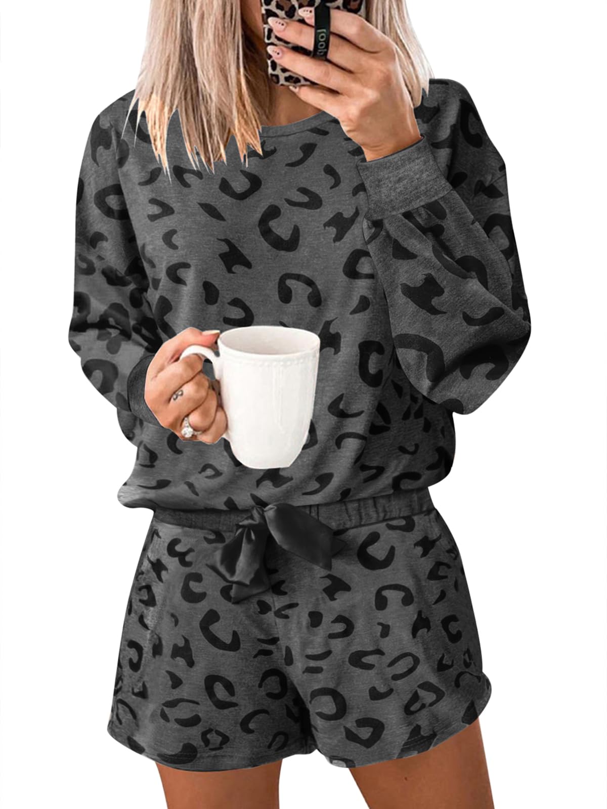 Paintcolors Womens Leopard Pajamas Set Casual Long Sleeve Shirt Top with Matching Shorts 2 Piece Lounge Wear