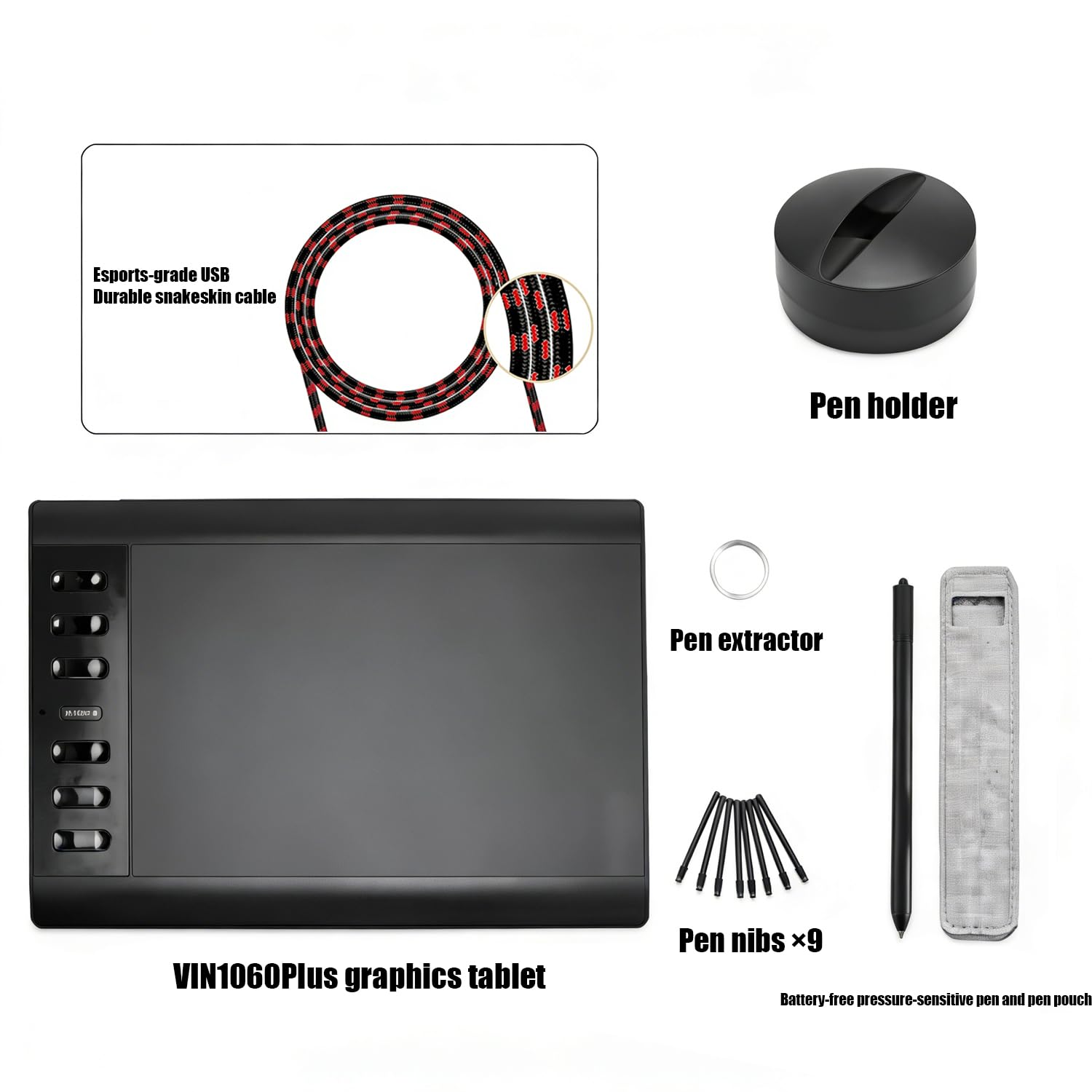Tableta gráfica, tableta de dibujo, pantalla grande de 10 x 6 pulgadas, lápiz profesional sin sensibilidad a la presión de la batería, compatible con diferentes dispositivos, ideal para pintar, cursos