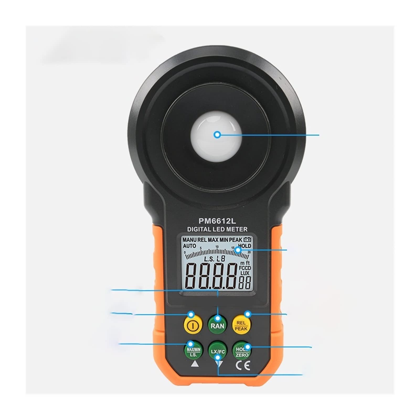 Misuratore di luce, PM6612L. Illuminometro Lcd. Digital Analog Bar LUX Meter 20-200000 LUX Misuratore Di Luce Portatile For GUIDATO Misurazione Della Luce(Without battery)