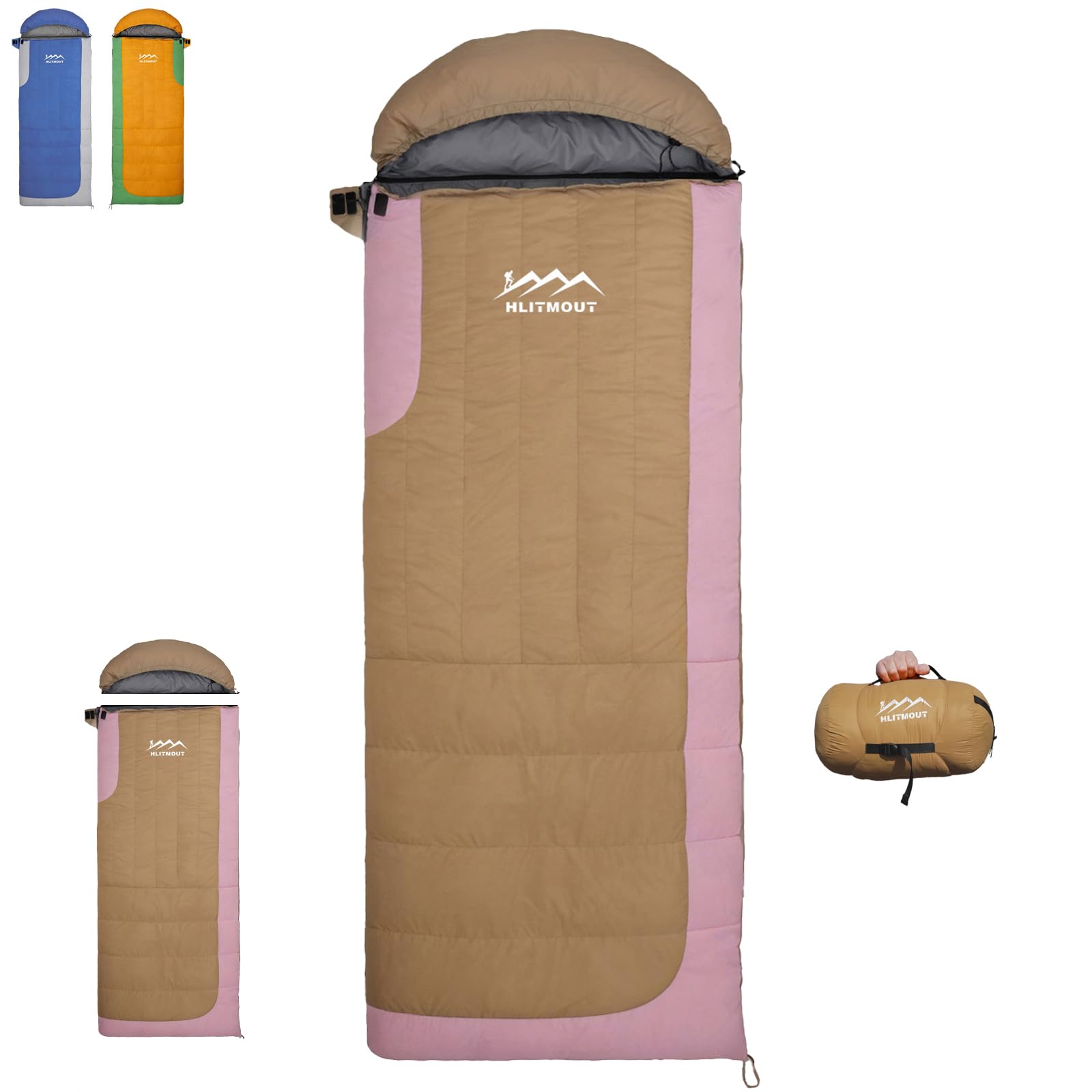 HLITMOUT Rectangular Down Sleeping Bag for Adults and Teenager,Lightweight Compact Sleeping Bag for 3 Season Camping,Hiking and Backpacking Outdoor (Pink, 500g down filling)