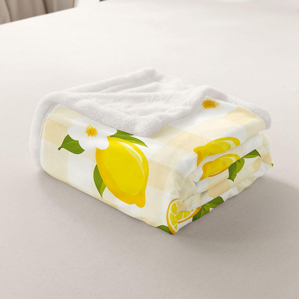 Homewish Zitrone Decke für Sofa Cartoon Zitrone Fleecedecken Zitrusfrucht Geometrisches Gitter Kuscheldecke Flauschig 150x200cm Creme Gelb Couch Fleece Decke