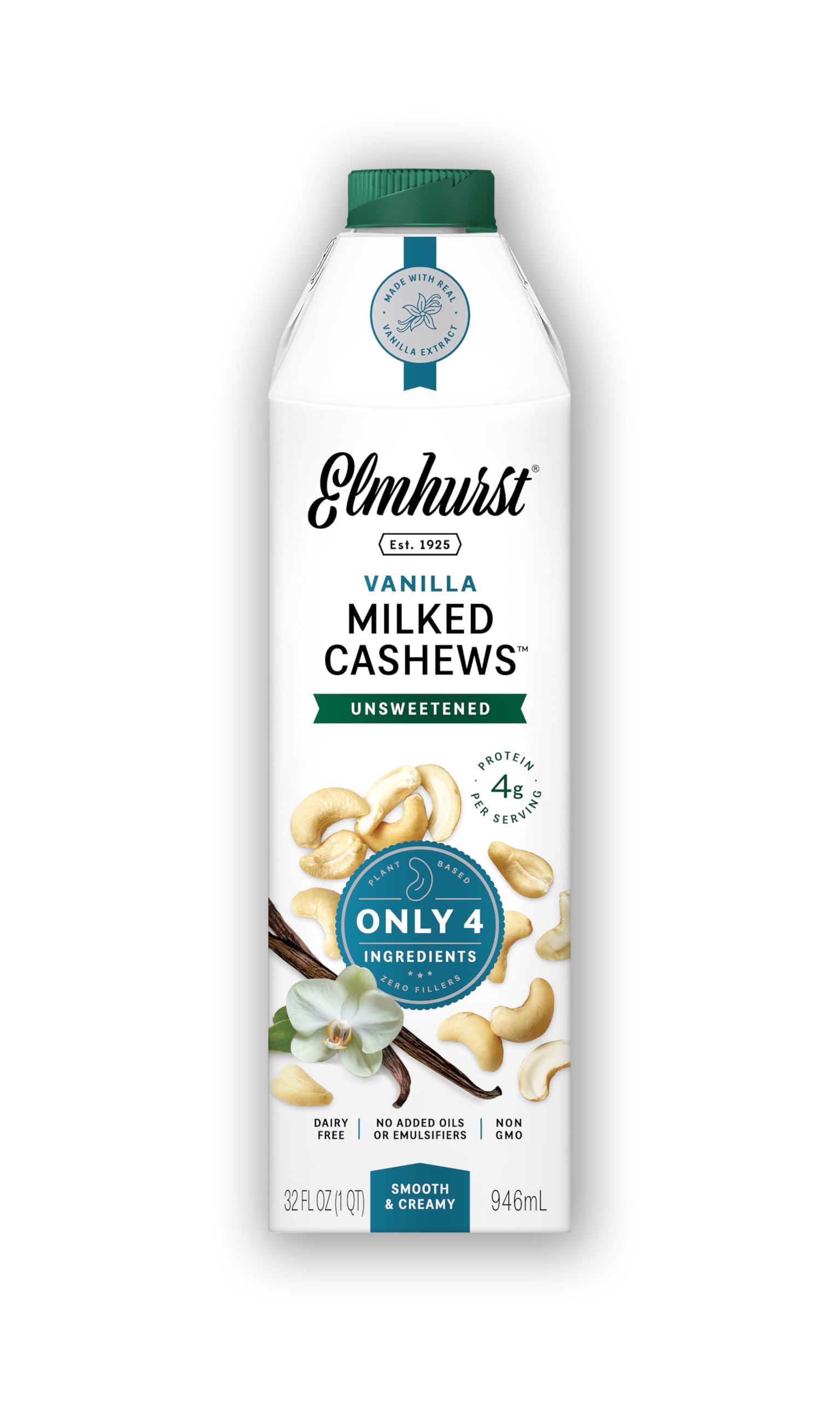 Elmhurst 1925 Vanilla Cashew Milk Unsweetened - 32 Ounce (Pack of 6) Dairy-Free, Vegan, Kosher, Shelf Stable Milk Made with Vanilla, Water & Cashew