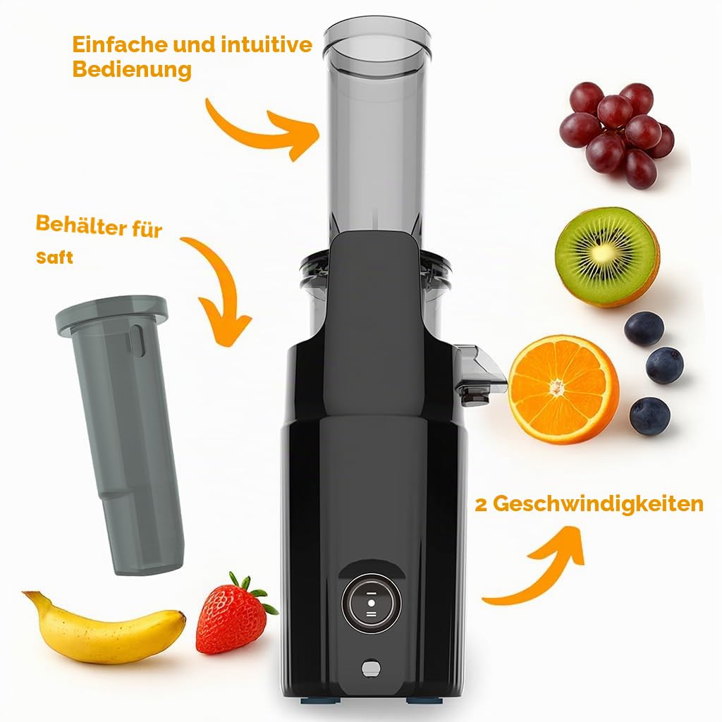 Zuminstant Compact Elektrische Saftpresse (Slow Juicer): kaltgepresst, reich an Nährstoffen, schaumfreier Entsafter, platzsparend, für Kleine Räume, für frisches Obst und Gemüse