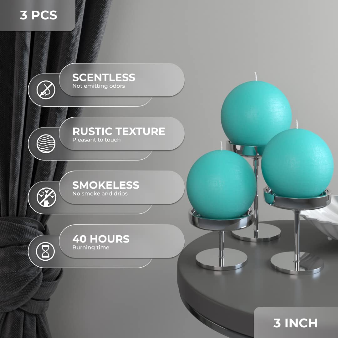 CANDWAX Candle Set of 3 Round Candles Ball 3 Inch - Perfect Candle Decor as Wedding Decoration and Candles Romantic - Unscented Shaped Candles Long Burning - Turquoise Candles