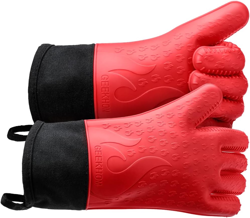 GEEKHOM Oven Mitts, Oven Gloves Waterproof & Heat Resistant, Silicone BBQ Gloves, 14 Inches Long Non-Slip Potholder for Barbecue, Cooking, Baking (Red, Medium)