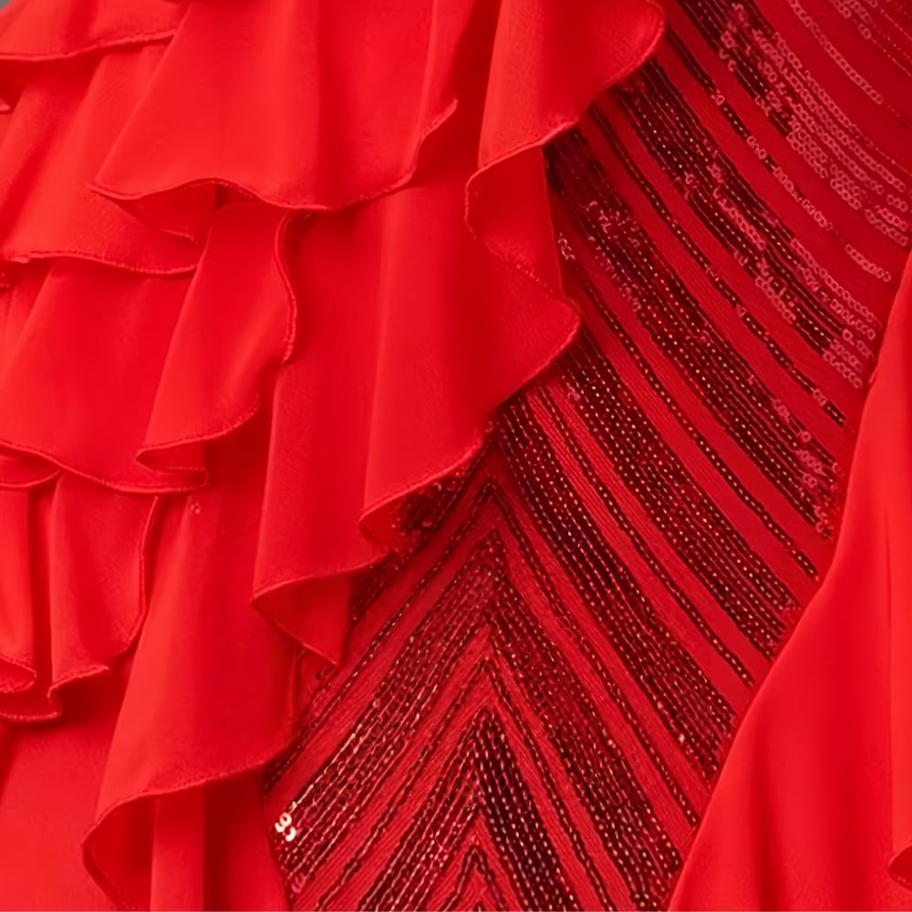 Damen Standard Ballroom Tanzkleid, Elegantes Langarm Tanzkleid Mit V-Ausschnitt, Pailletten Und Fließendem Rock Für Walzer Tango Foxtrott Training Und Turnier