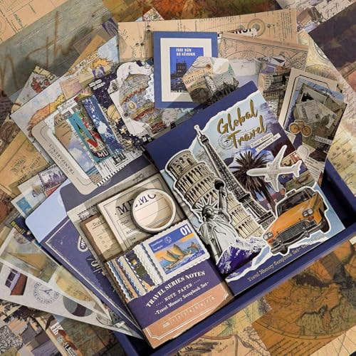 Image of GDNK Scrapbook Kit DIY Scrapbooking, Vintage Journal, Paper Stickers, Craft Notebook, Aesthetic Collage Album, Journaling Photo Album (Blue Global)