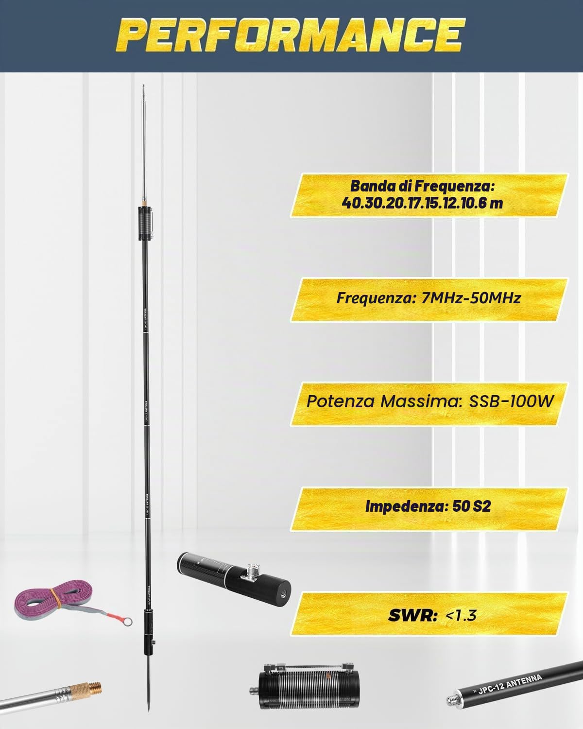 AURSINC Antenne JPC-12 Bidone RF amatoriale 7-50 MHz, antenna verticale universale 40-6 m (8 bande, esterno), 4,1 m (M10)