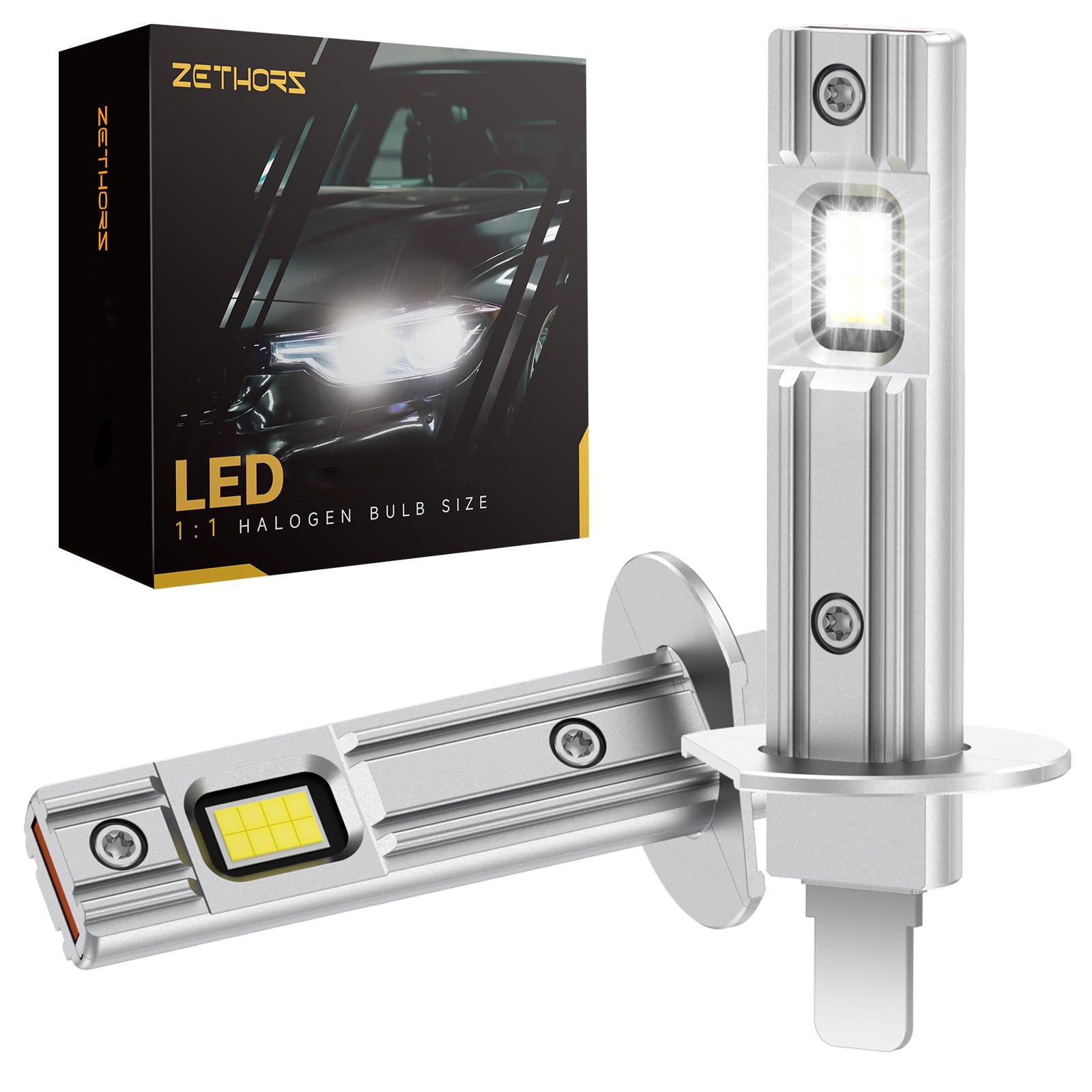 Zethors H1 LED Headlight Bulb 400% Brighter 16000LM 60W Mini LED H1 Bulbs Car Conversion Kit, Halogen Replacement, High Low Beam, HID Conversion Kits Fanless, Plug and Play, Canbus Ready, Pack of 2