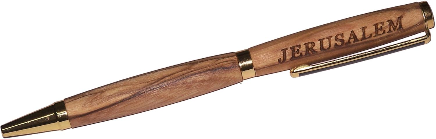Holy Land Market Handmade ballpoint pen handcrafted from Bethlehem Olive wood engraved with Jerusalem - sleek design
