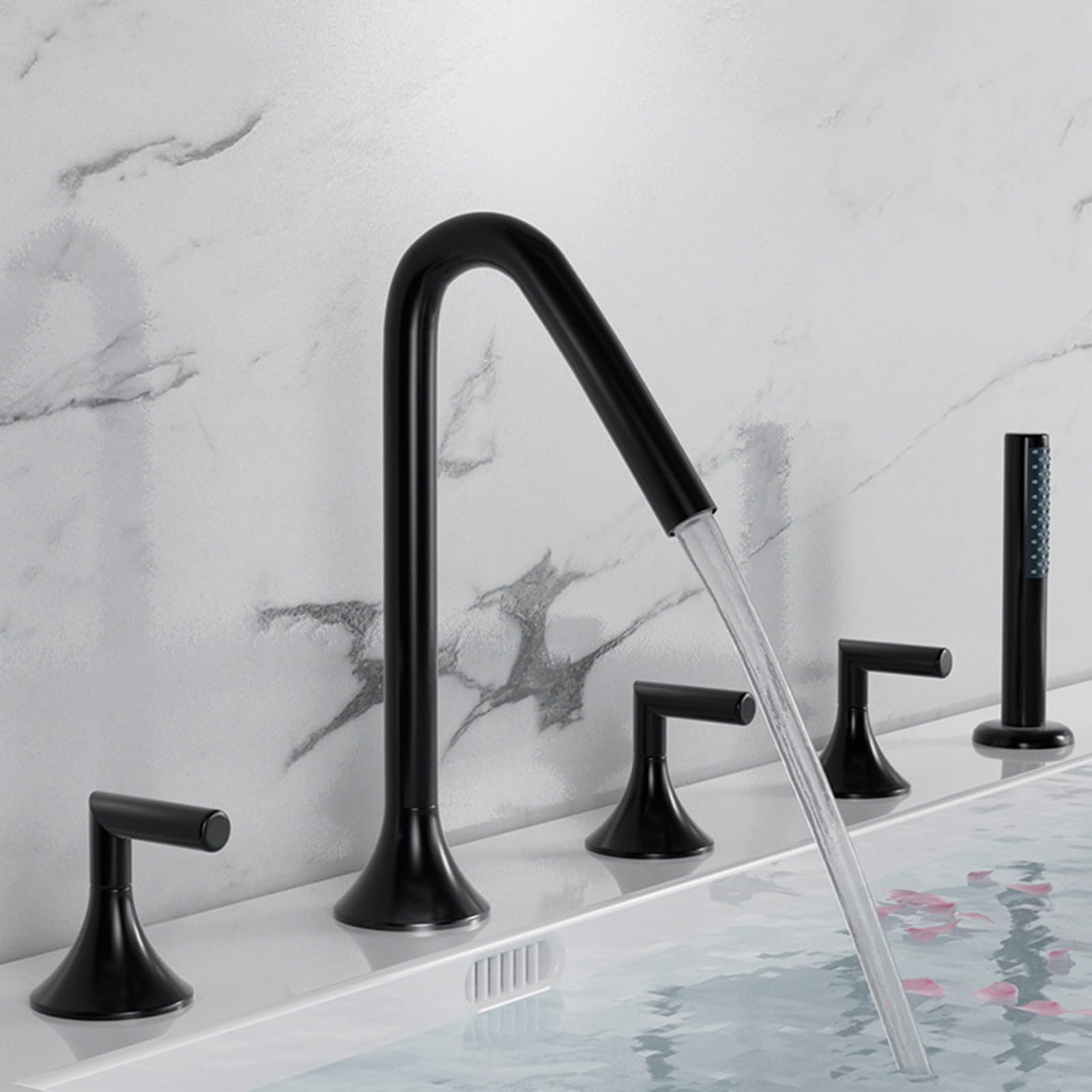 BHGFYXBS Bath Shower Mixer Tap Gold Bathtub Hand Shower Tap Set Bathroom 5 Hole Tub Mixer Faucets 360 Degree Rotating Bath Taps,Black
