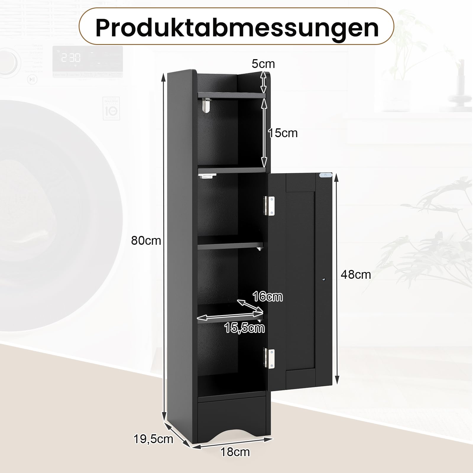 GOPLUS Kleiner Badezimmerschrank, Badschrank schmal mit verstellbaren Regalen und offenem Fach, Aufbewahrungsschrank, Toilettenpapier-Organizer für Flur und Wohnzimmer, 18 x 19,5 x 80 cm (Schwarz)