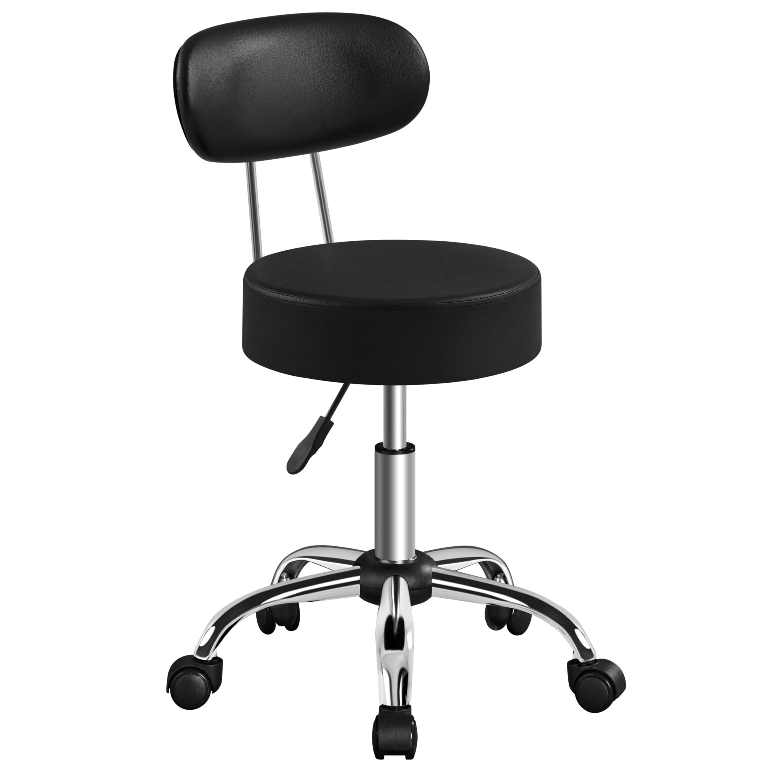 Sgabello con Ruote e Schienale, Sgabello da Ufficio a Rotelle Regolabile in Altezza 47-56,5 cm, Sedia Girevole da Trucco, Estetista, Salone, Studio (Nero)