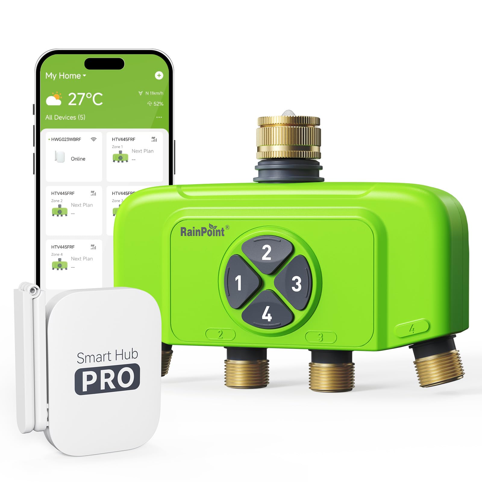 RAINPOINT Programmateur Arrosage WiFi 4 Zones avec Hub, Contrôleur d'Arrosage Intelligent avec Débitmètre, Entrée/Sortie en Laiton, Compatible Alexa/Google, pour Jardin et Pelouse