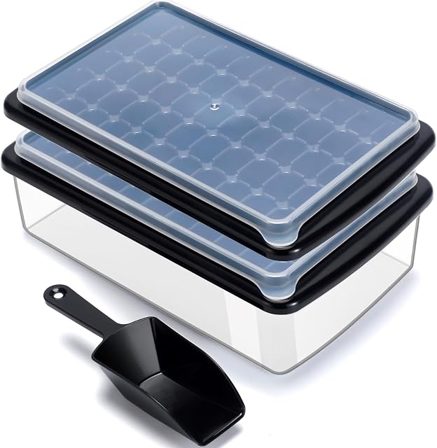 Ice Cube Tray with Lid and Bin for Freezer, Easy Release 2 * 55 Nugget Ice Cube Maker Tray & Mold, Ice Tray with Cover, Storage Container, Scoop. Flexable Durable Plastic, BPA Free