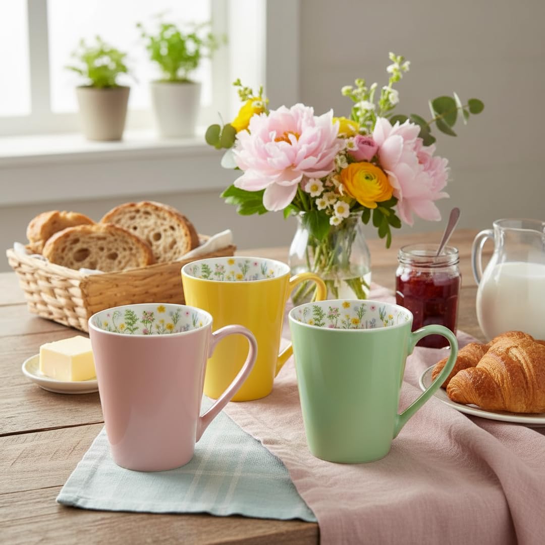 Juego de 3 tazas de café de porcelana, color pastel, interior con estampado de flores, rosa, amarillo, verde, idea de regalo de Pascua, 13 x 12 x 9 cm, 380 ml (3, rosa, amarillo y verde, juego de 3
