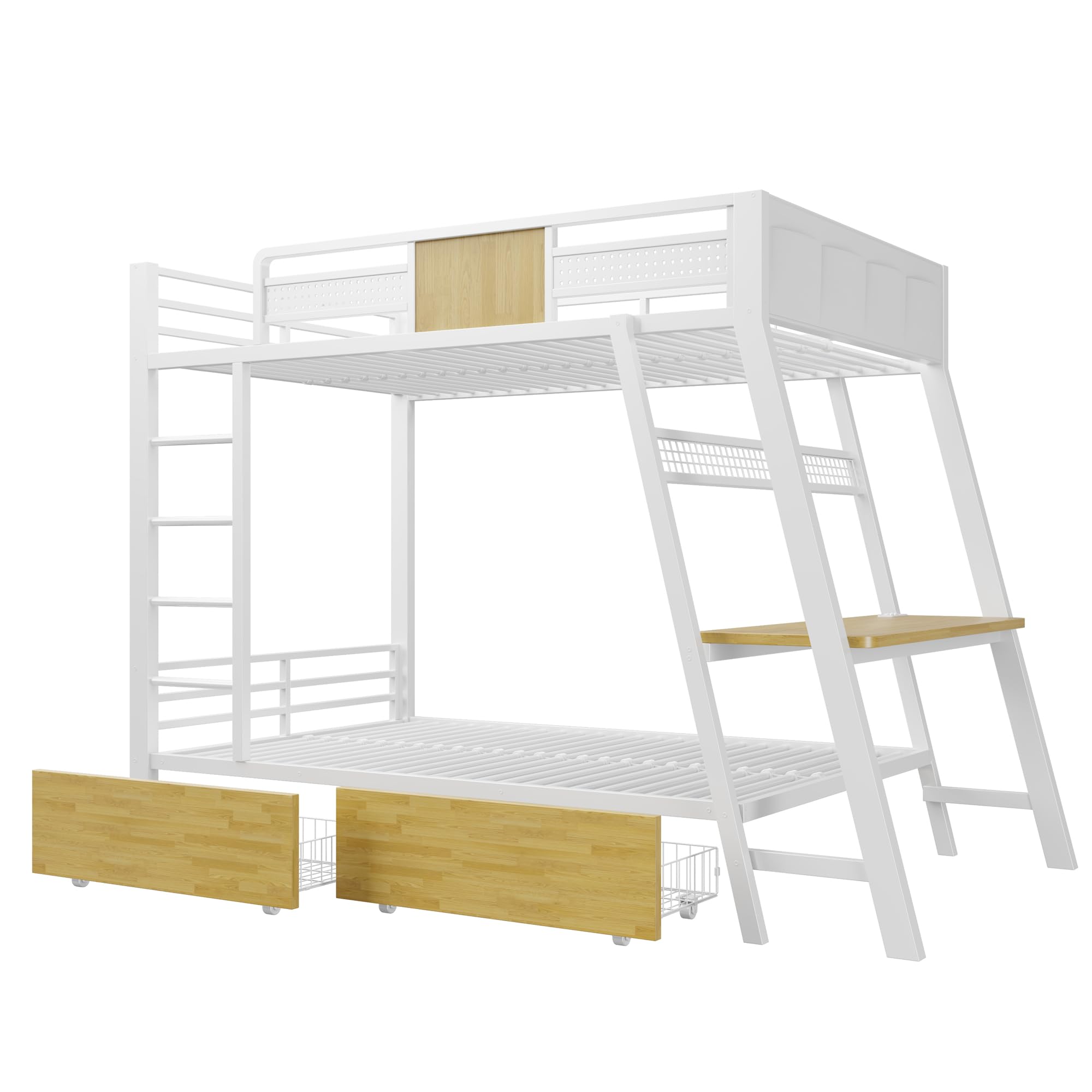 Azkoeesy Letto a castello in metallo resistente con scrivania e presa USB, cassetti su ruote, luci LED RGB con controllo App, Pannello a griglia, per adolescenti e adulti, colore bianco, 90x200 cm
