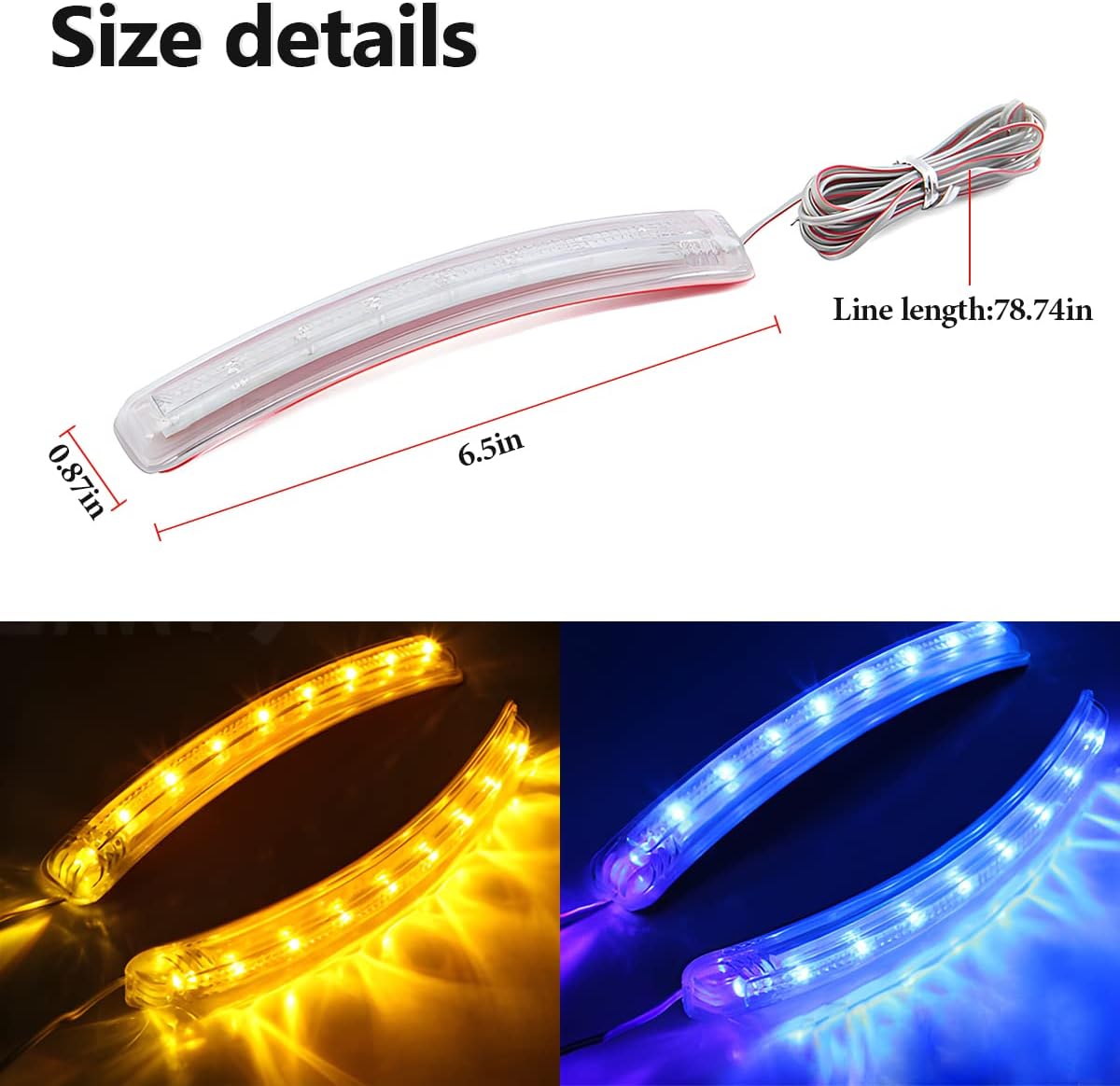 2 Pcs LED Turn Signal Strip Light, Flexible Switchback Dual-Color Fork Blinkers, Waterproof Adjustable Daytime Running Tail Light Strip Kit for Car Motorcycle Snowmobile (Yellow)