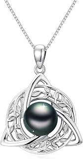 Tahitian Black Pearl AAAA 18K White Gold Plated Sterling Silver Leaf Celtic Knot Pendant Necklace for Women Wife Mom Girlfriend Her Jewelry Gift for Anniversary Birthday