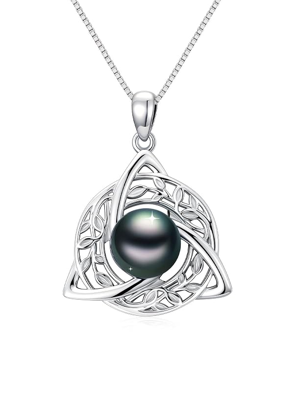 KANNSOAR Tahitian Black Pearl AAAA 18K White Gold Plated Sterling Silver Leaf Celtic Knot Pendant Necklace for Women Wife Mom Girlfriend Her Jewelry Gift for Anniversary Birthday by KANNSOAR - Used condition - US$61.77