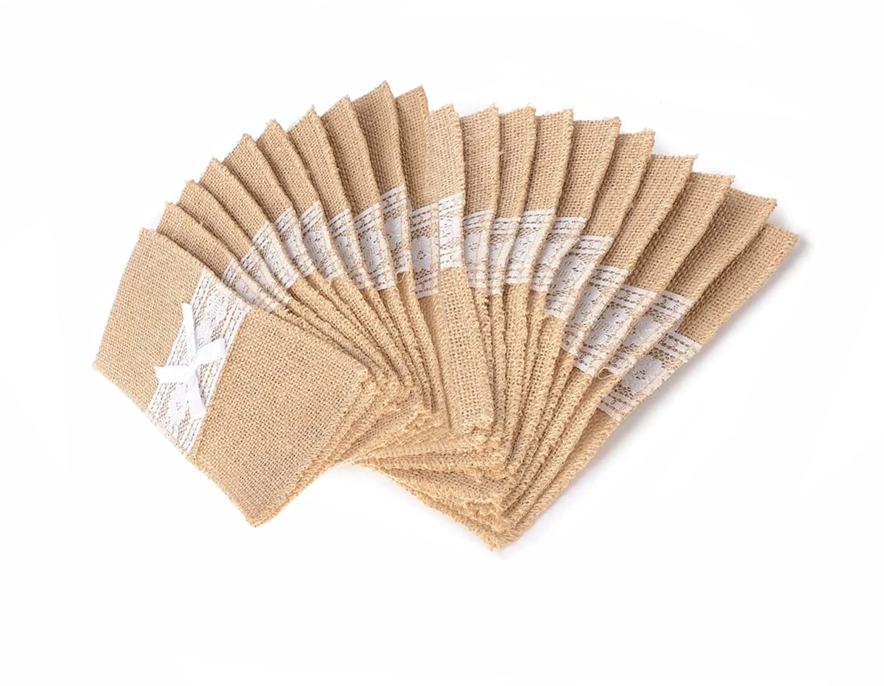 Alnicov Natural Burlap Lace Utensil Cutlery Holders Pouch,Jute Napkin Holders Bags for Vintage Wedding Party dinner Thanksgiving banquet Tableware Decorations(Lace Bow-20 Packs)
