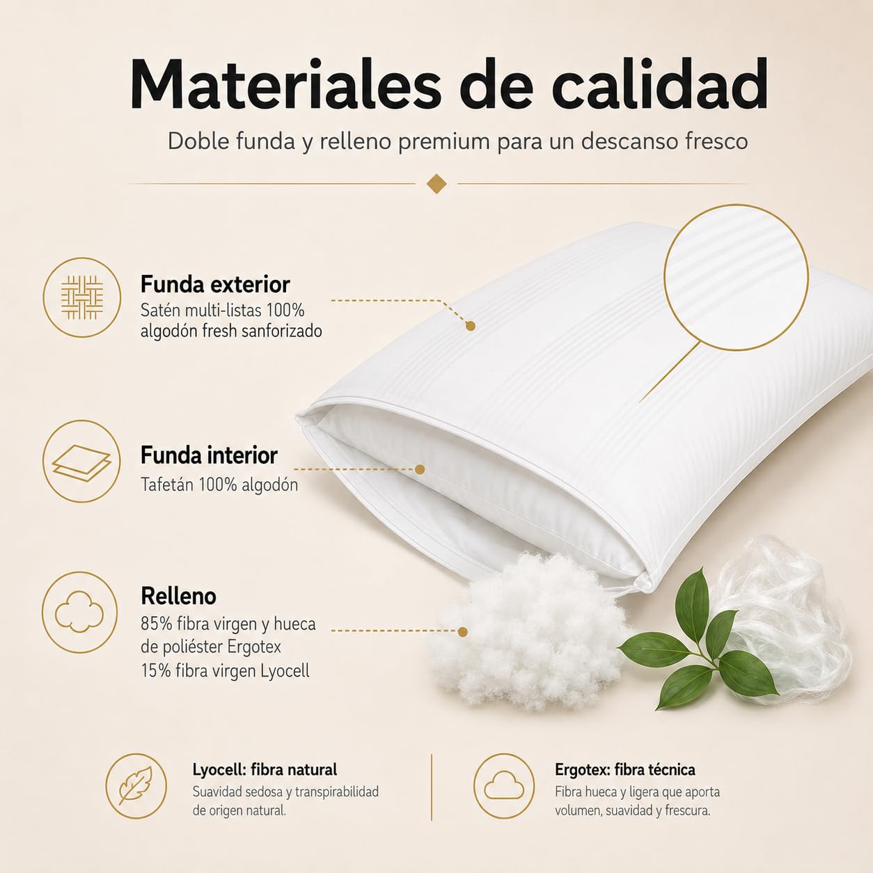 Moshy Almohada Alta Aret, Relleno Ergotex y Lyocell, Doble Funda 100% Algodón, Firmeza Media-Alta (50x70 cm)