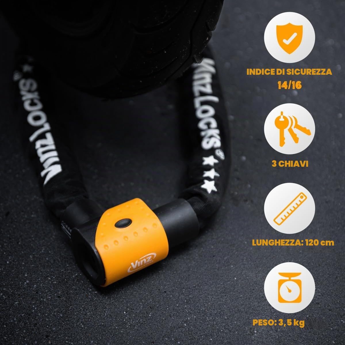 VINZ Jannu Lucchetto a Catena Scooter Antifurto | ø10mm Acciaio Temperato | Con Tre Chiavi | Antifurto Versatile per Scooter o bici elettrica | Disponibile in diverse misure - 100 cm