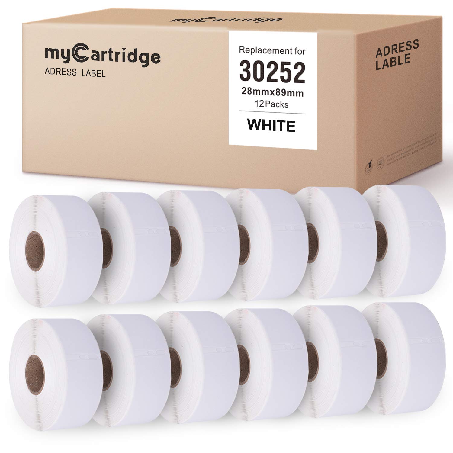 myCartridge 12-Rolls Compatible with Dymo 30252 Black on White Address Labels 28mm x 89mm (1-1/8Inch x 3-1/2Inch) 350 Labels/Roll Premium Self-Adhesive for LabelWriter 4XL 450