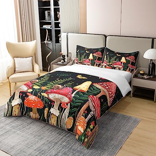 Loussiesd Kids Mushroom Bed Cover 100% Cotton Set Natural Wild Fungus 100% Bed Set for Kids Botanical Plants Butterfly 100% Bed Set including 2 Pillowcases Super King Size Zipper - Image 2